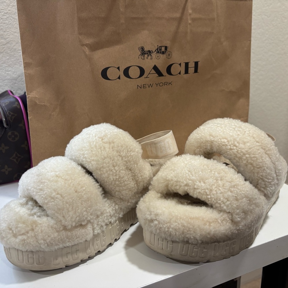 UGG Cream Fuzzy Slide Sandals